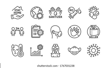 Coronavirus line icons set. Washing hands hygiene, medical mask, protective glasses. Stay home, hands sanitizer, coronavirus epidemic mask icons. Vector