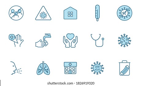 coronavirus line vector icons in two colors isolated on white. 2019-ncov coronavirus pandemic blue icon set for web and ui design, mobile apps and print products