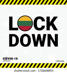 Coronavirus Litauen Schleuse DOwn Typografie mit Landesflagge. Entwerfen der Blockierung durch eine Coronavirus-Pandemie