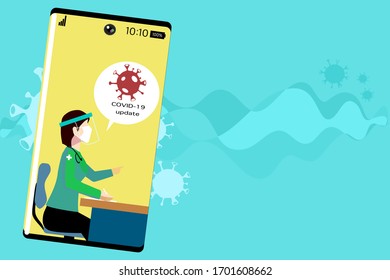 Actualización en vivo de Coronavirus a través de aplicación móvil. smartphone en Blue wave y coronavirus fondo.