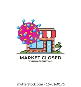 Coronavirus lockdown icon. with Closing market building, coronavirus bacteria and lock icon. covid-19 concept, Novel coronavirus 2019-nCoV