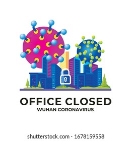 Coronavirus lockdown icon. with Closing office building, coronavirus bacteria and lock icon. covid-19 concept, Novel coronavirus 2019-nCoV