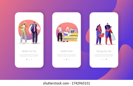 Coronavirus Lockdown Preventive Measures Mobile App Page Onboard Screen Template. People Characters Distancing in Line at Grocery with Goods in Shopping Trolley Concept. Cartoon Vector Illustration