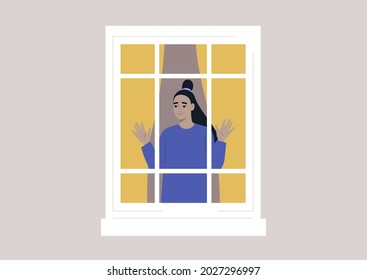 Coronavirus lockdown, a young female Asian character isolated at home, outside view of a window frame