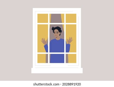 Coronavirus lockdown, a young male character isolated at home, outside view of a window frame