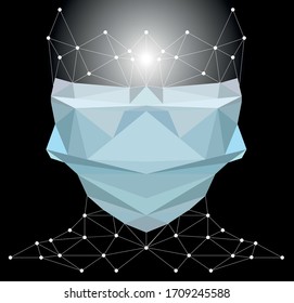 Coronavirus. Low poly medical face mask for protect against COVID-19 on a faceless silhouette. A human-shaped constellation against the black sky. Creative modern vector illustration.