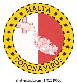 Coronavirus in Malta sign. Round badge with shape of Malta. Yellow island lockdown emblem with title and virus signs. Vector illustration.