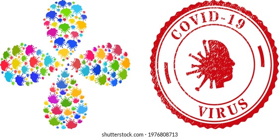 Coronavirus man head multicolored centrifugal flower with four petals, and red round COVID-19 VIRUS grunge watermark. Coronavirus man head symbol inside round stamp.