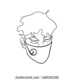 Coronavirus. Man in a medical mask. Pandemic virus. Portrait of a man head silhouette drawn in one continuous line in a minimal graphic style. Trendy modern pencil avatar. 