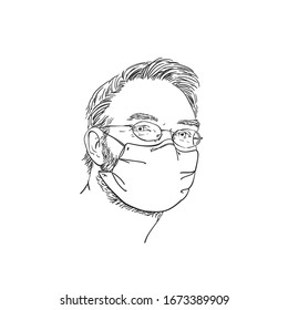 Coronavirus. Man wearing medical face mask and eyeglasses, Hand drawn linear portrait, Vector sketch