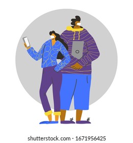 Coronavirus. Man and woman in white medical face mask standing with their phone and computer. Two friends in prevention masks. 2019-nCoV quarantine. Pandemic of coronavirus. Vector flat illustration.