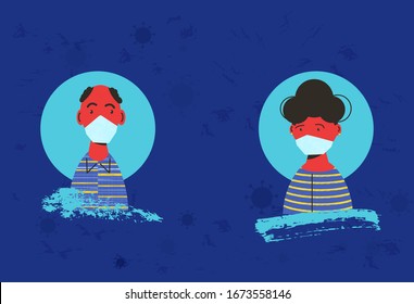 Coronavirus. Man and woman in white medical face mask icons. Family members in prevention masks. Father and dauther. 2019-nCoV quarantine. Pandemic of corona virus. Vector flat illustration.