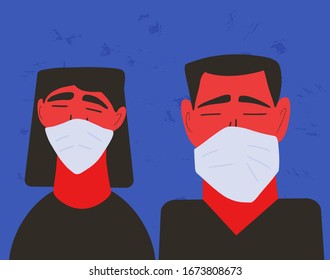 Coronavirus. Man and woman in white medical face mask icons. Friends or family members in prevention masks portrait. 2019-nCoV quarantine. Pandemic of coronavirus. Vector flat illustration.