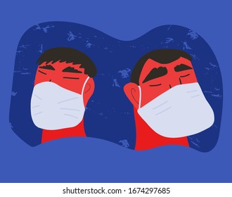 Coronavirus. Man and woman in white medical face mask icons. Friends or family members in prevention masks. 2019-nCoV quarantine. Pandemic of coronavirus. Vector flat illustration.