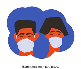 Coronavirus. Man and woman in white medical face mask icons. Friends or family members in prevention masks. 2019-nCoV quarantine. Pandemic of corona virus. Vector flat illustration.