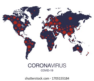 Coronavirus Map. Covid-19. Stop. No Infection. Dangerous Coronavirus Cell. Bacteria. Caution. Outbreak. Pandemic medical concept. Isolated Vector Icon, Logo, Illustration