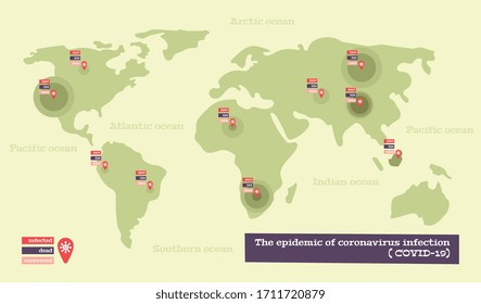 Coronavirus map infographics background with statistics of infected dead and recovered people in world flat vector illustration