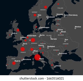 Mapa de Coronavirus. Esquema de vectores, diagrama, infografías de virus propagados de China a Europa. Virus de la coronа china. Estadísticas, cantidad de pacientes con coronavirus. Neumonía de Wuhan en Europa.