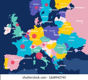 Coronavirus map. Vector scheme, diagram, infographics of spread virus from Hainan to Europe. Chinese coronа virus. Statistics of patients with coronavirus.