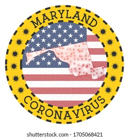 Coronavirus in Maryland sign. Round badge with shape of Maryland. Yellow US state lock down emblem with title and virus signs. Vector illustration.