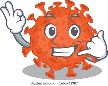 Coronavirus mascot electron microscopy cartoon design showing Call me gesture