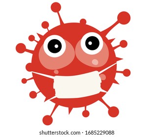 Coronavirus with mask, red face with open eyes wearing white surgical mask