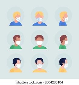 Coronavirus masks semi flat color vector character avatar set. Portrait with respirator from front and side view. Isolated modern cartoon style illustration for graphic design and animation pack