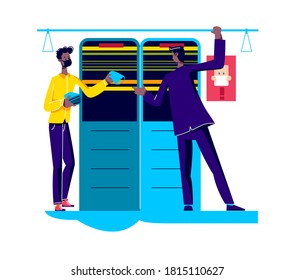 Coronavirus measures for public transport concept: people wearing protective masks and distancing while using metro train. Covid prevention and safety. Vector illustration