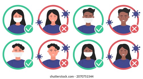 Coronavirus medical protection infographic vector illustration set. Cartoon round avatars icons with man woman characters wearing mask to protect health, against attack of corona virus cells in air