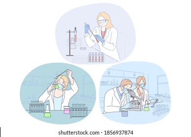 Coronavirus medical research and virus analysis in lab. People doctor scientists in protective medical masks and glasses making scientific experiment and investigating microbiology of molecules in lab