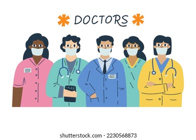 Coronavirus. Medical team vector isolated illustration. Essential professionals. Virus fighters brigade. Group of people. Clipart design element.