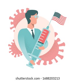 Coronavirus medical vaccine syringe injection - vector illustration scientist with vaccine for coronavirus covid-19 with us flag - stop corona virus - fight corona virus - defend from corona virus