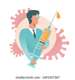 Coronavirus medical vaccine syringe injection - vector illustration scientist with vaccine for coronavirus covid-19 - stop corona virus - fight corona virus - defend from corona virus