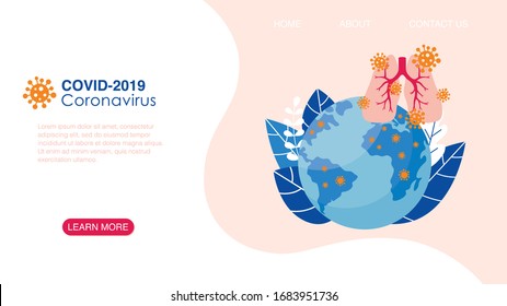 Coronavirus medical website landing page. Human Lungs and Ncov Cell. Healthcare concept design. Pandemic disease prevention web page banner. Flat cartoon vector illustration.