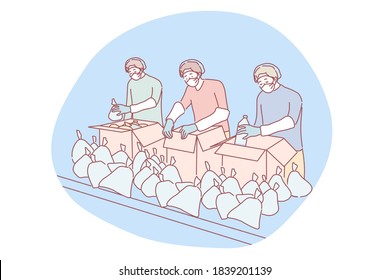 Coronavirus, medicine, selection, support, volunteering concept. Team of young men volunteers in medical face masks packing delivery supplies together. Health medical service and humanitarian help.