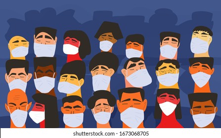 Coronavirus. Men and women in white medical face mask. Characters in prevention masks. Crowd of people protecting from virus infection. Quarantine. Pandemic of coronavirus. Vector flat illustration.