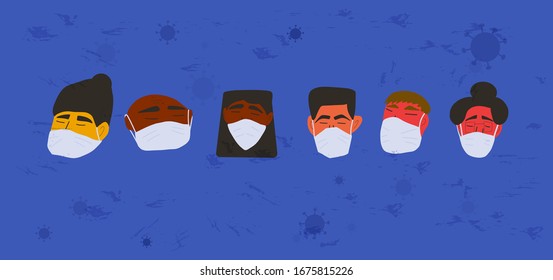 Coronavirus. Men and women in white medical face mask. Different characters in prevention masks. 2019-nCoV quarantine. Pandemic of coronavirus. Vector flat illustration.