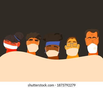 Coronavirus. Men and women in white medical face mask. Different characters in prevention masks. 2019-nCoV quarantine. Pandemic of coronavirus. Vector flat illustration.