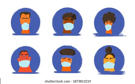 Coronavirus. Men and women in white medical face mask icons isolated. Different characters in prevention masks. Pandemic of coronavirus. Vector flat illustration.