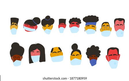 Coronavirus. Men and women in white medical face mask icons isolated. Different characters in prevention masks. Pandemic of coronavirus. Vector flat illustration.