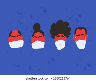 Coronavirus. Men and women in white medical face mask. Different characters in prevention masks. 2019-nCoV quarantine. Pandemic of coronavirus. Vector flat illustration.