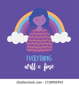 coronavirus messages, smiling girl rainbow, everything will be fine vector illustration