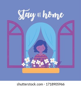 coronavirus messages, stay at home, girl looking window with flowers vector illustration