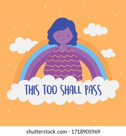coronavirus messages, this too shall pass, girl rainbow positive vector illustration