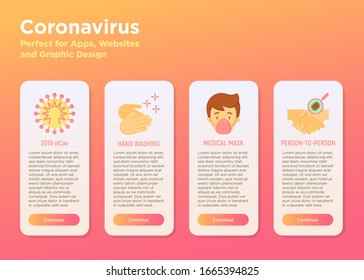 Coronavirus mobile user interface with flat icons. Symptoms and prevention: 2019-ncov, surgical mask, person-to person, hand washing. Vector illustration, template with copy space.