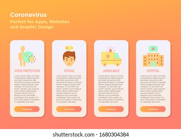 Coronavirus mobile user interface with flat icons. Symptoms and prevention: virus protection, fatique, ambulance, hospital. Vector illustration, template with copy space.