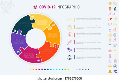 Coronavirus modular infographic template with 6 steps. Covid-19 colorful diagram, timeline and schedule isolated on light background. Many additional icons.