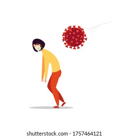Das Coronavirus-Molekül greift einen müden Mann in einer medizinischen Maske an.Vektorgrafik einzeln auf weißem Hintergrund. Vektorgrafik einzeln auf weißem Hintergrund.
