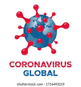 Coronavirus molecule cell icon vector with the words CORONAVIRUS GLOBAL. Coronavirus COVID-19 bacteria cell icon. Isolated on white background vector icon illustration