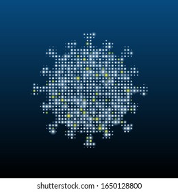 The coronavirus molecule filled with white dots. Some dots is highlighter. Vector illustration on blue background